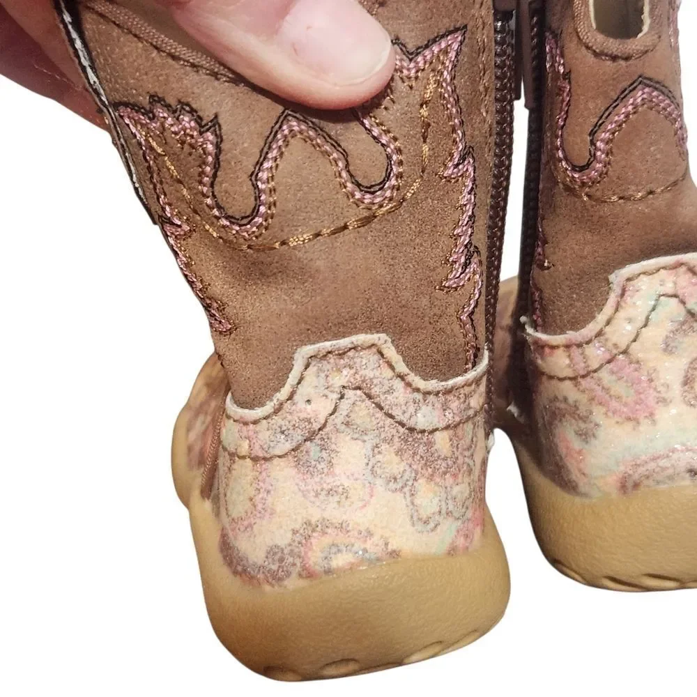 Roper Newborn Size 2 Soft Cowboy Boots Brown Yellow Paisley Side Zip Shoes